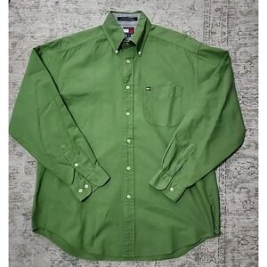 90s Vintage Tommy Hilfiger Button Down Shirt M Green Long Sleeve Cotton Casual